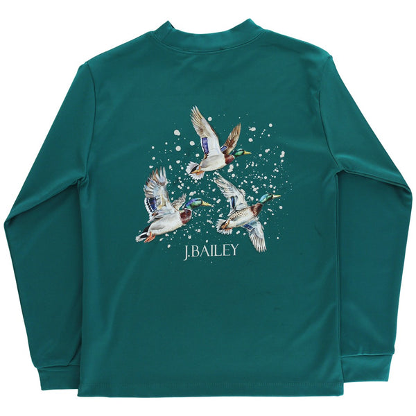 Performance L/S Logo Tee- Ducks on Teal