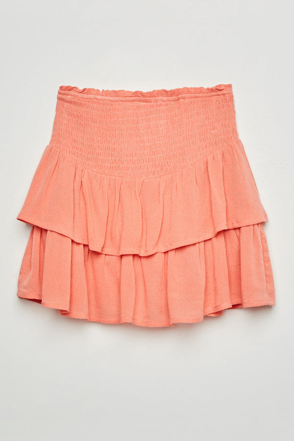 Smocked Ruffle Tiered Mini Skirt- Pink