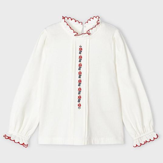 Knit Blouse Embroidered- Natural/Red