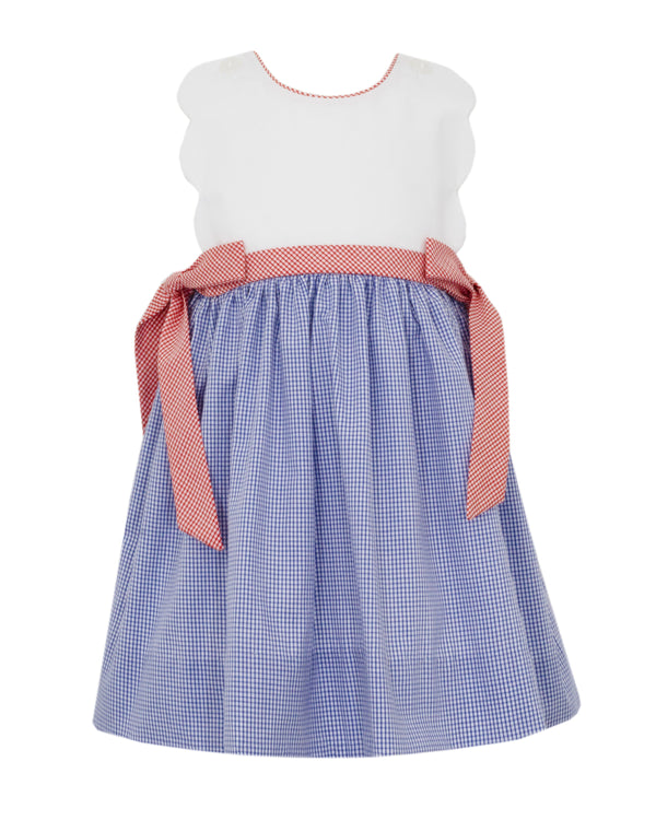 Scalloped Sundress W/ Side Bows- Royal Blue Check