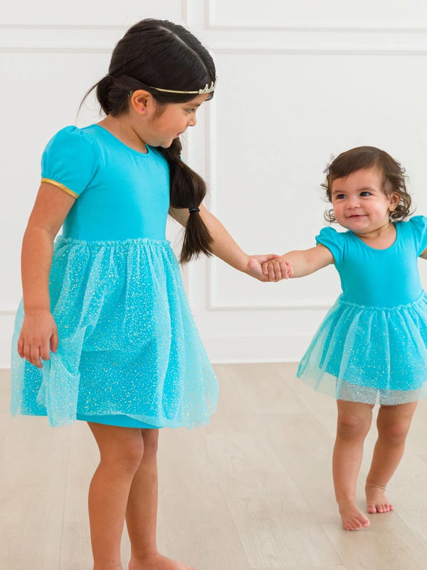 Princess Bow Twirl Dress- Teal Golden Princess