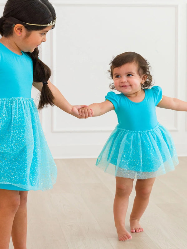Princess Bow Twirl Romper- Teal Golden Princess