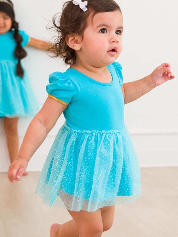Princess Bow Twirl Romper- Teal Golden Princess