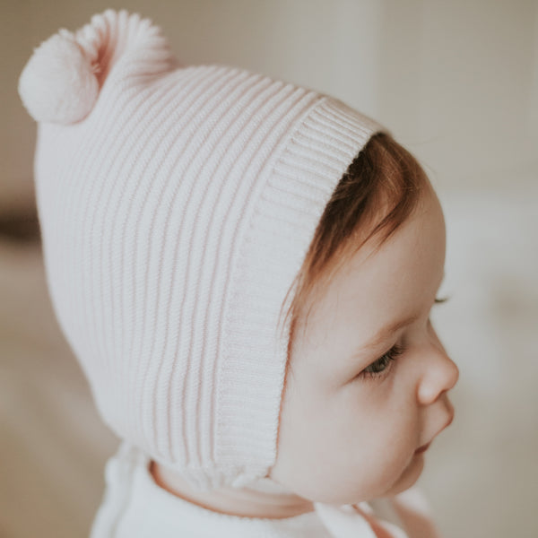 Rib Knit Bonnet w/ Pompom- Pink