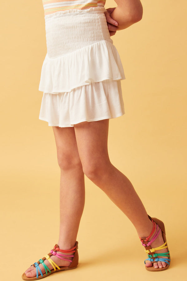 Smocked Ruffle Tiered Mini Skirt- Off White