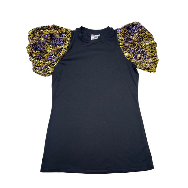 Black Sequin Tiger Puff Sleeve Tee Dress- Women's