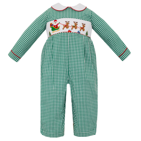 Santa Sleigh L/S Romper- Green Gingham