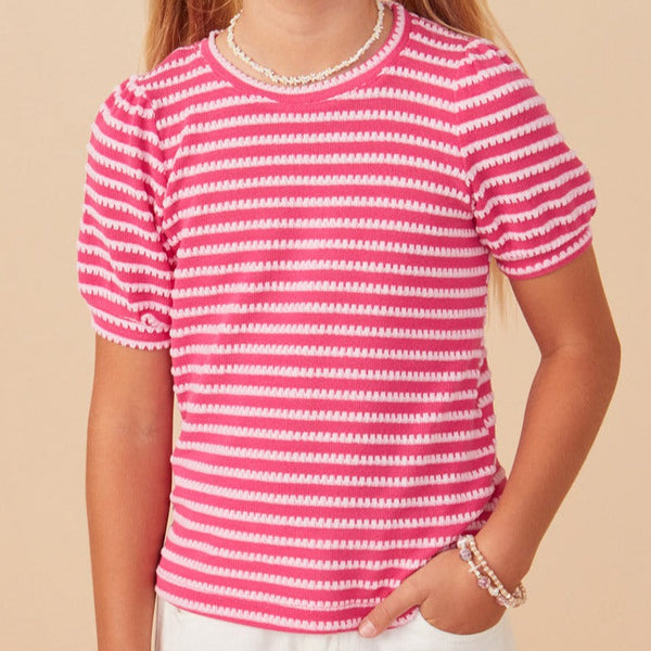 Stripe Puff Sleeve Knit Top- Pink