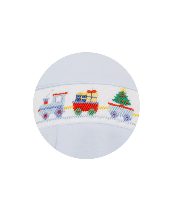 Christmas Train Knit Footie- Lt. Blue