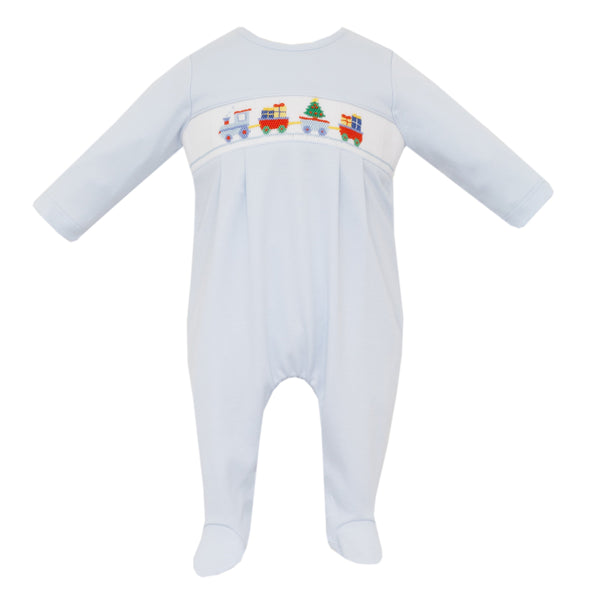 Christmas Train Knit Footie- Lt. Blue