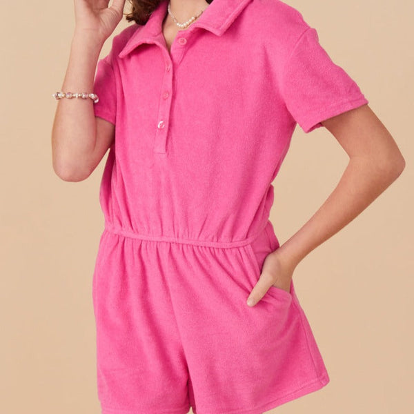 Button Detail Collared Terry Romper