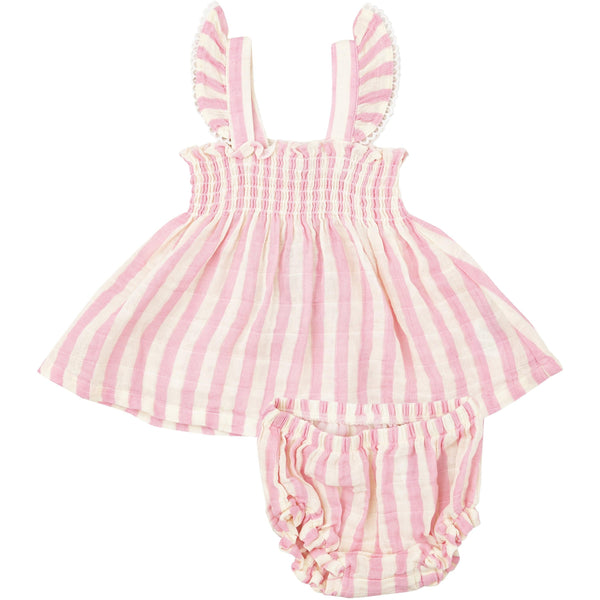 Ruffle Strap Smocked Top And Diaper Cover- Pink Stripe