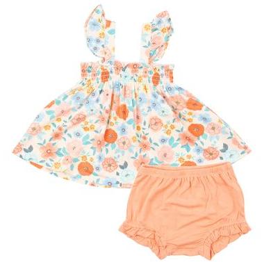 Ruffle Strap Smocked Top And Diaper Cover- Flower Cart