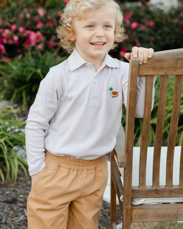 Embroidered Knit Polo Duck- Micro Stripe Khaki
