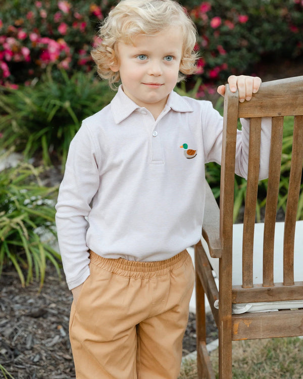 Embroidered Knit Polo Duck- Micro Stripe Khaki