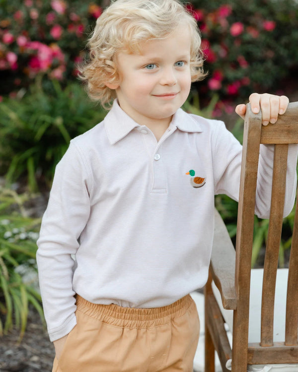 Embroidered Knit Polo Duck- Micro Stripe Khaki