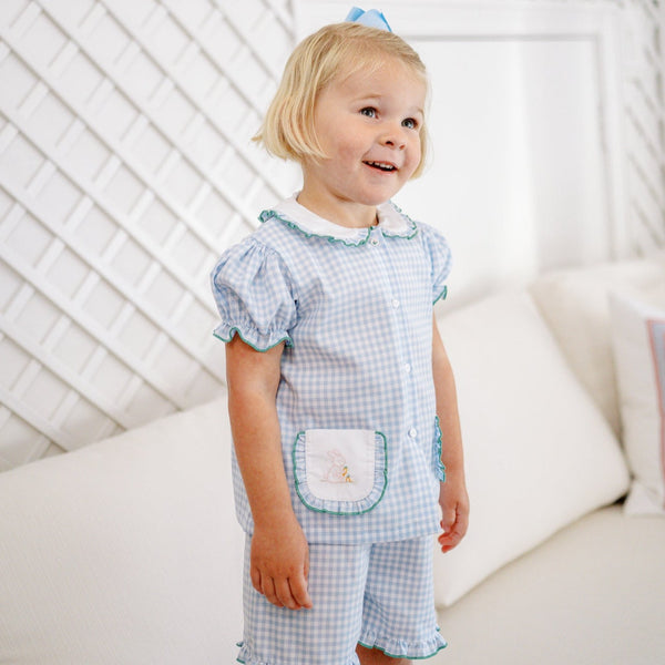 Bitsy Blue Gingham Easter Ruffle Short Set