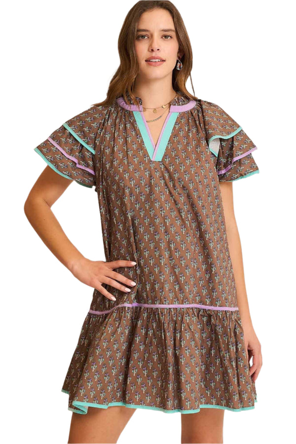 Boho Ruffle Sleeve Mini Dress- Taupe