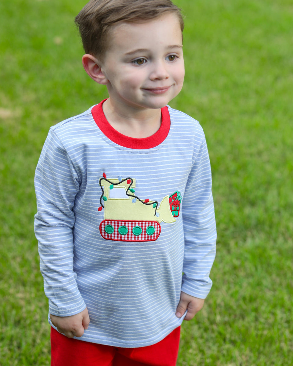 LuLu BeBe Boys Red Christmas Pants Set - Holly Embroidery on White Square Collar