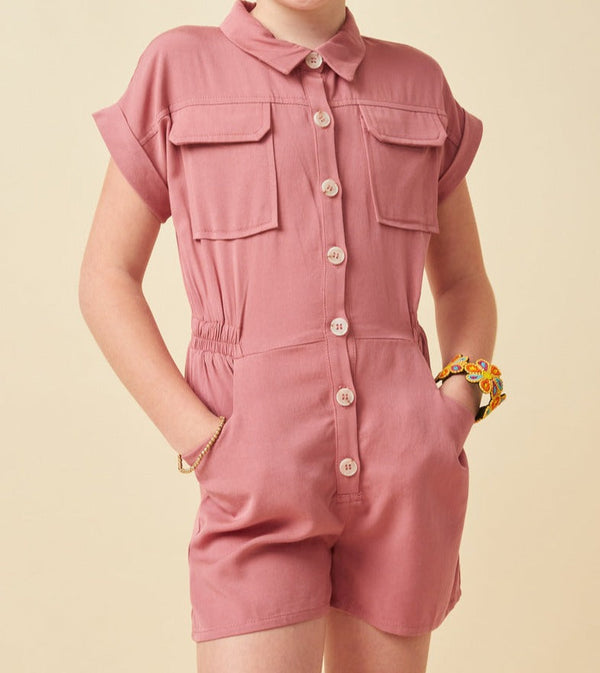 Elastic Detail Button Up Collared Romper