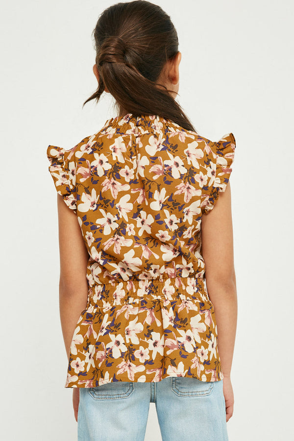 Floral Smocked Neck Sleeveless Top- Mustard