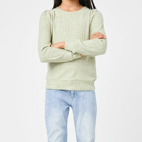 Long Sleeve Cable Knit Detail Top- Sage