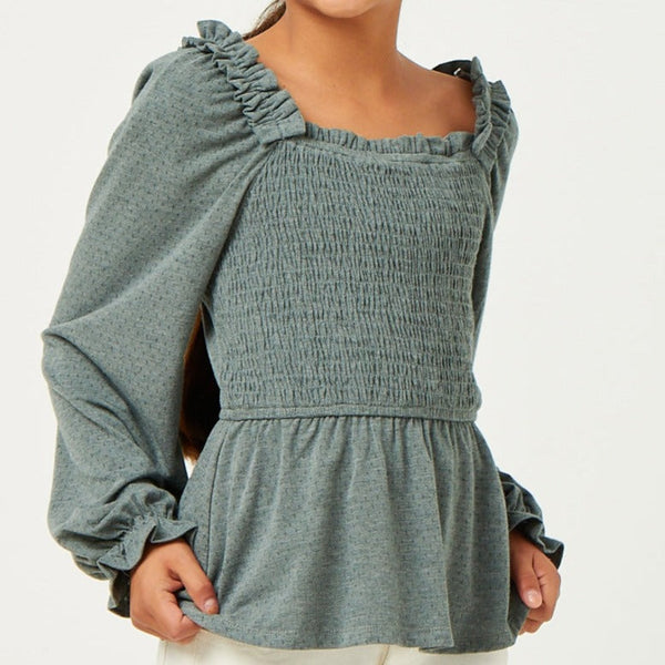 Ruffle Shoulder Smocked Square Neck Texture Knit Top