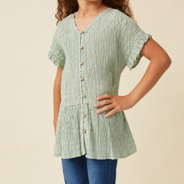 Full Smocked Ruffle Sleeve Buttoned Top