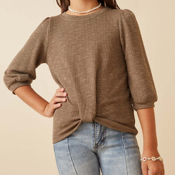 Ribbed Knit 3/4 Sleeve Twist Front Top