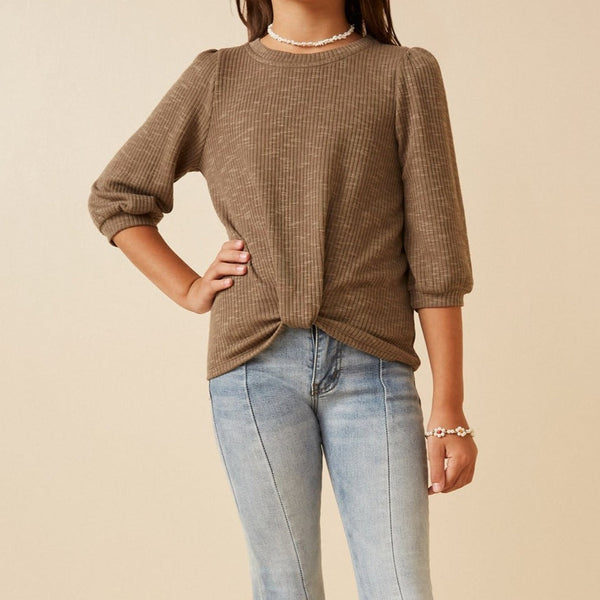 Ribbed Knit 3/4 Sleeve Twist Front Top