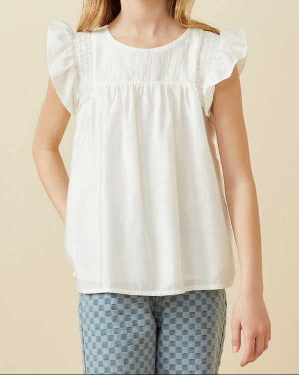 Smocked Detail Ruffle Shoulder Top- White