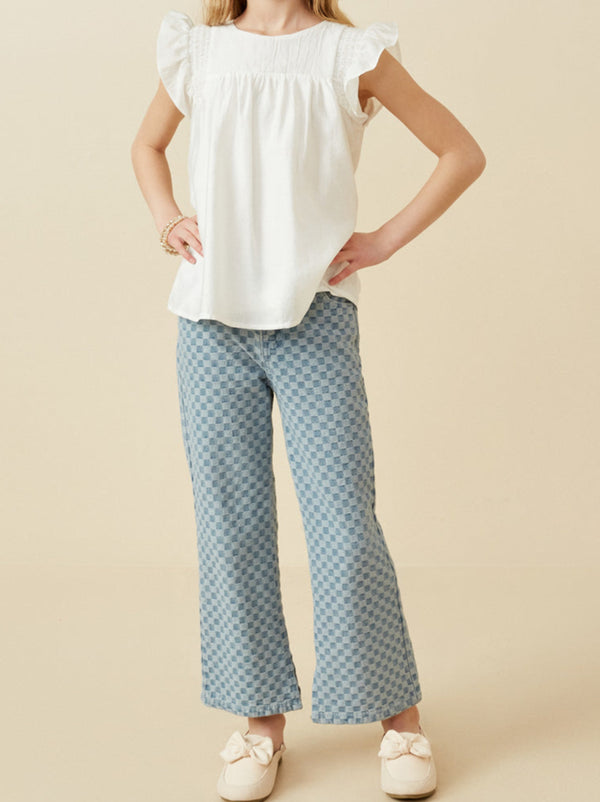 Smocked Detail Ruffle Shoulder Top- White