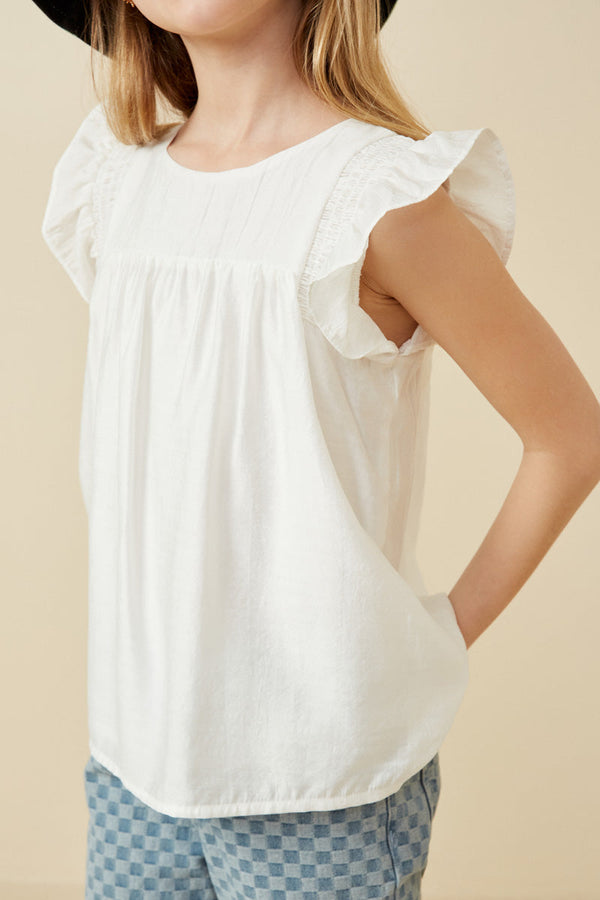 Smocked Detail Ruffle Shoulder Top- White