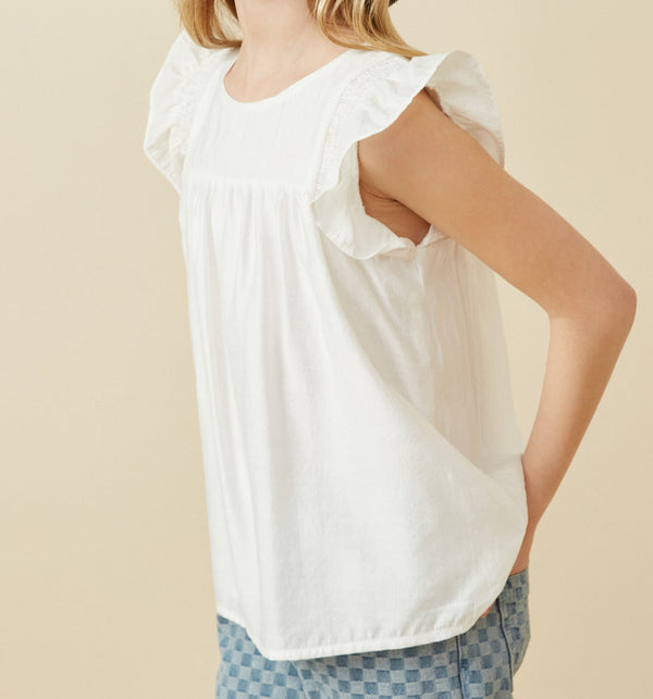 Smocked Detail Ruffle Shoulder Top- White