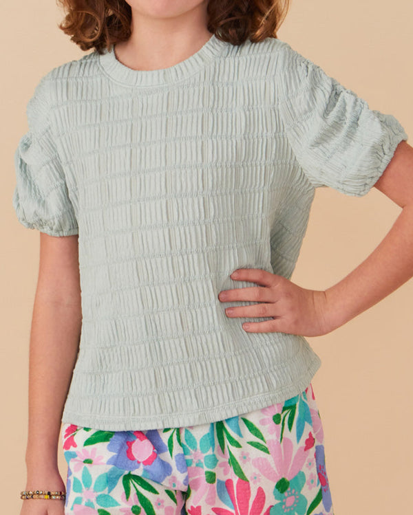 Textured Gathered Sleeve Stretch Knit Top