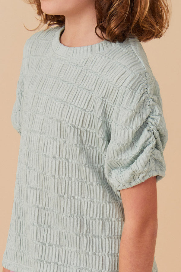 Textured Gathered Sleeve Stretch Knit Top