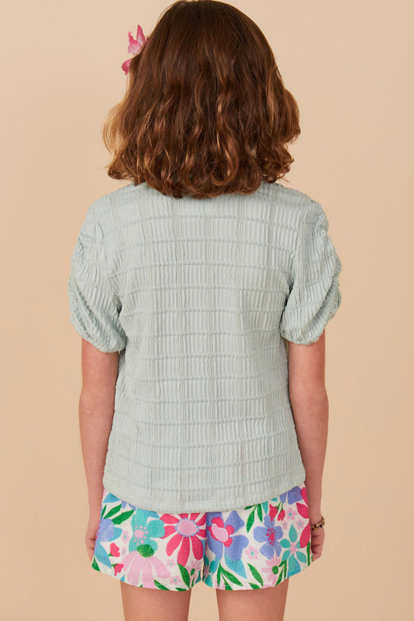 Textured Gathered Sleeve Stretch Knit Top