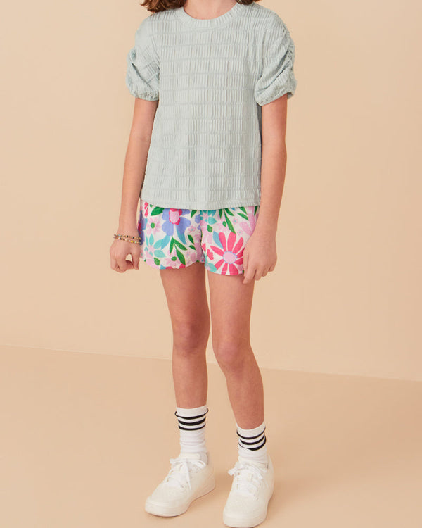 Textured Gathered Sleeve Stretch Knit Top