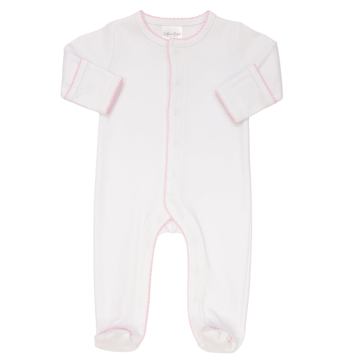 Picot Trim Footie- White W/ Pink – Smock Candy
