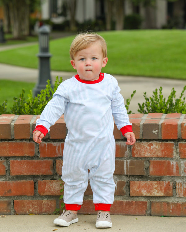 Thomas Romper- Light Blue Stripe & Red