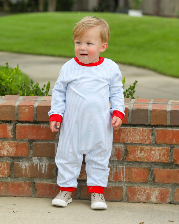 Thomas Romper- Light Blue Stripe & Red