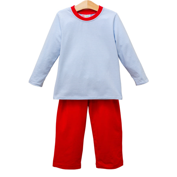 Thomas Pants Set- Light Blue Stripe & Red