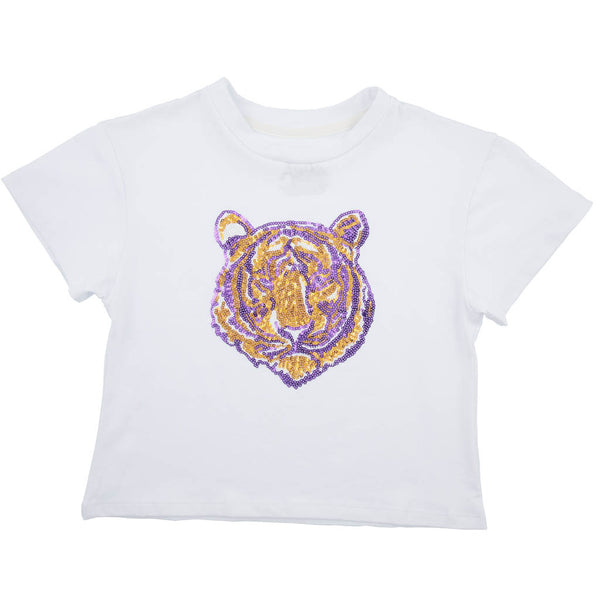 Sequin Tiger Face Purple & Gold Boxy T