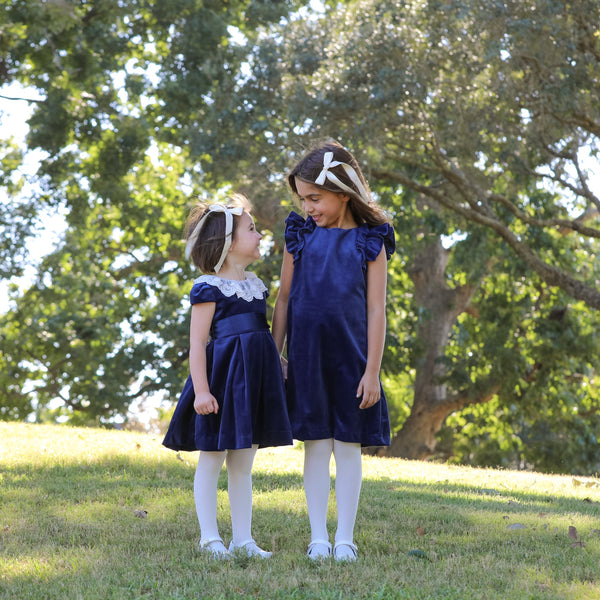 Navy Deluxe Velvet Dress With Lace