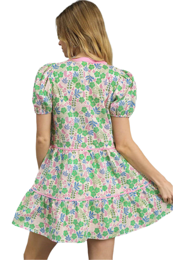 Floral Tiered Puff Sleeve Dress- Green Mix