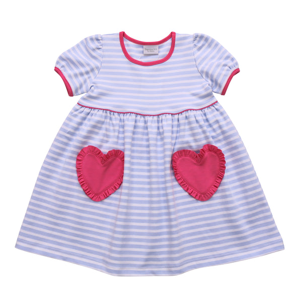 Heart Pocket Dress- Light Blue Stripe/Hot Pink