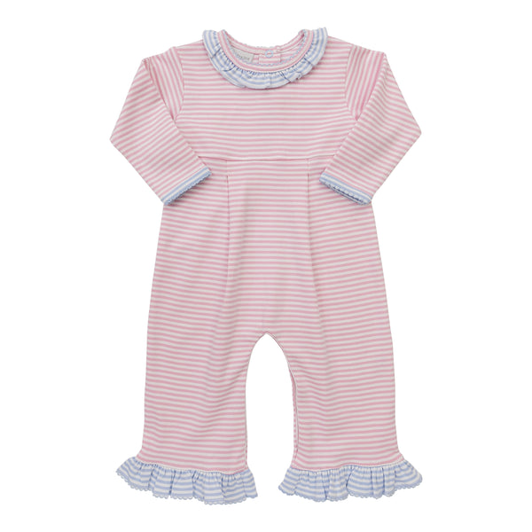 Ruffle Romper- Pink Stripe/Blue