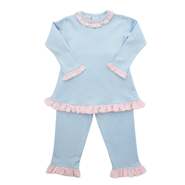 Ruffle Pants Set- Blue W/Pink Stripe