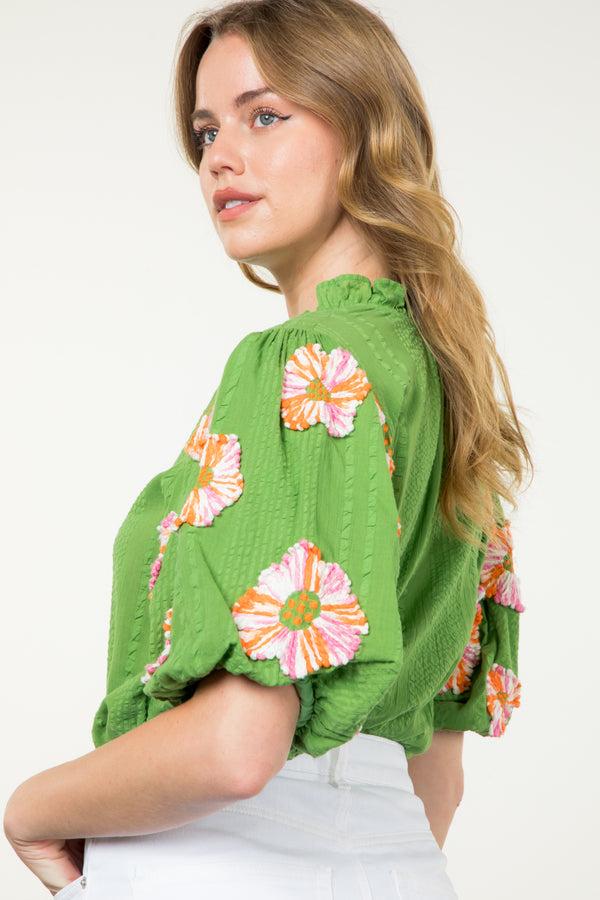Hand Embroidered Puff Sleeve Top- Green