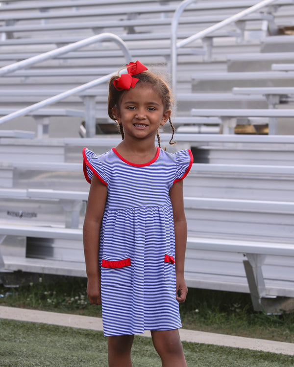 Lucy Game Day Dress- Royal Blue Stripe/Red